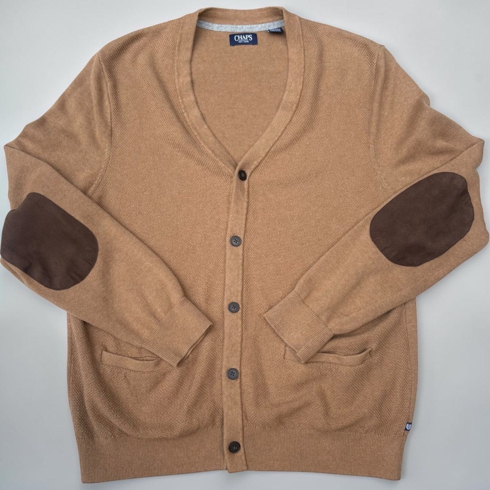 Chaps Cardigan XL Tan Elbow Patches Cotton V-Neck Button Front Academia Preppy
